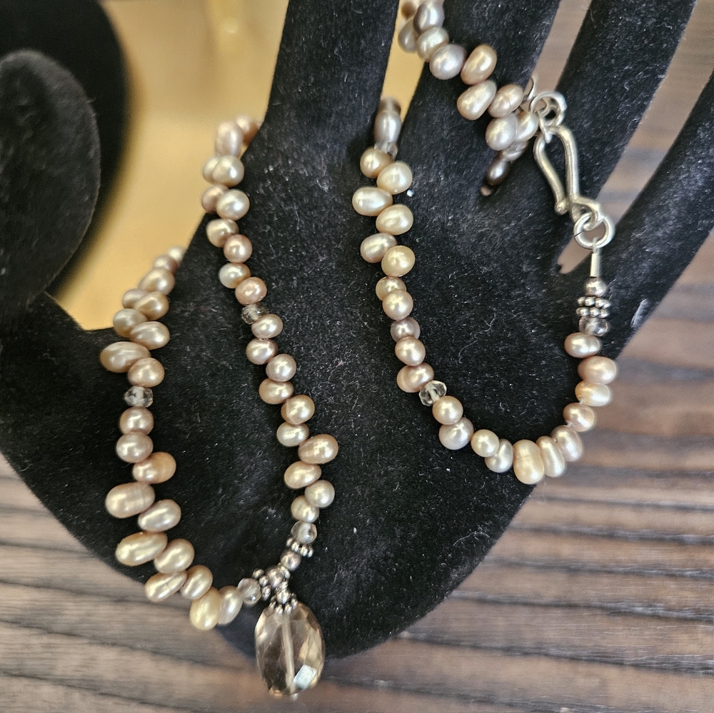 Sterling Silver 925 Freshwater Pearl Necklace w/ Smoky Quartz Pendant - Picture 3 of 7